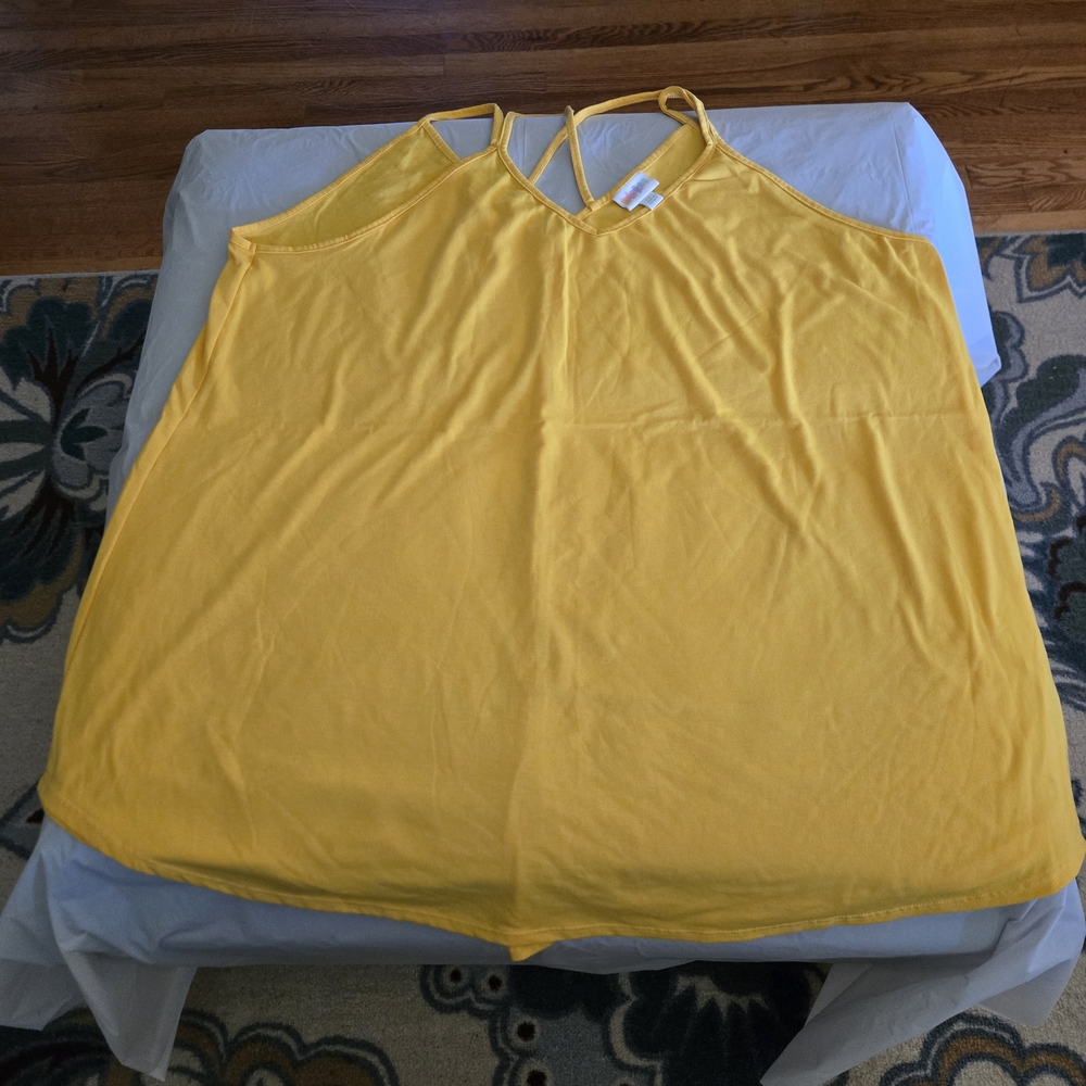 LuLaRoe Yellow Daniella Tank Top With Cross Straps, Long Length, And V-neck.